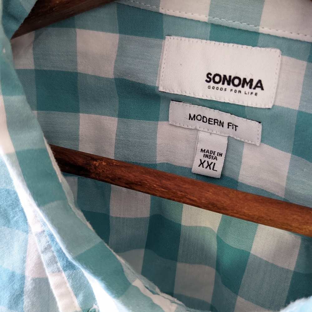 Sonoma Modern Fit Shirt XXL Blue Green White Check Short Sleeve Button Front - Picture 4 of 4